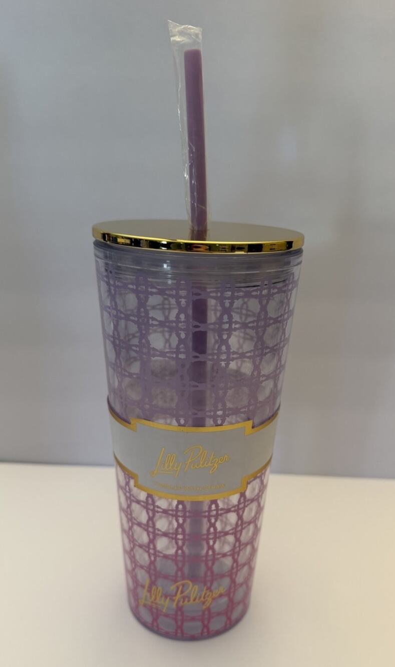 NWT Lilly Pulitzer 24oz Pink Tumbler with Straw “Ombre Caning” Gold Metallic Lid